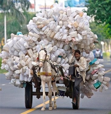 Hindistan’ın Haryana şehrinde boş plastik süt şişeleri ile dolu bu at arabasında sürücüye yer kalmamış.