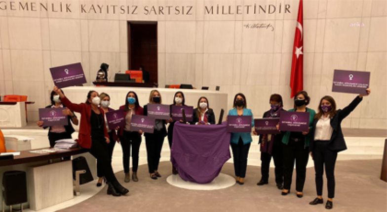 Meclis'te İstanbul Sözleşmesi eylemi: Kürsüye mor örtü serildi
