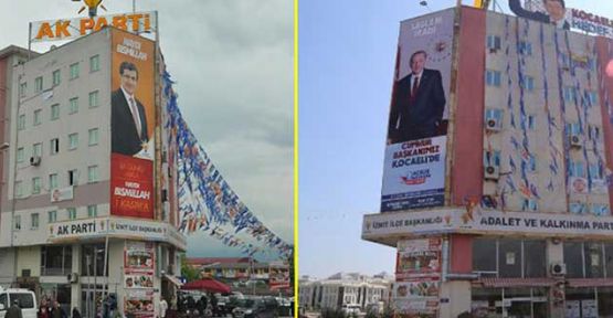 Davutoğlu'nun yerine 'Cumhur' ve 'Başkanımız' yazılı Erdoğan afişi