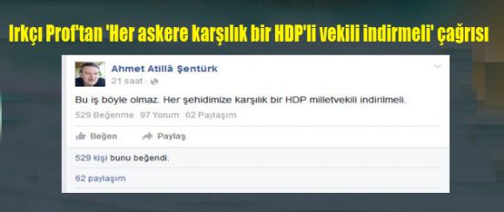 Irkçı Prof'tan 'Her askere karşılık bir HDP'li vekili indirmeli' çağrısı