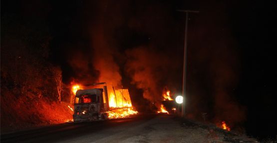 Karakola malzeme taşıyan kamyon ateşe verildi