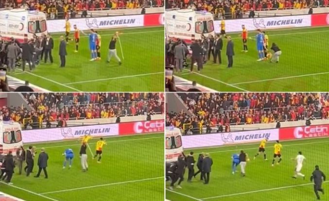 Taraftar sahaya girip bayrak direğiyle futbolculara saldırdı, İzmir derbisi yarıda kaldı